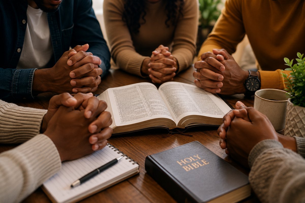 Christian fellowship gathered around an open Bible