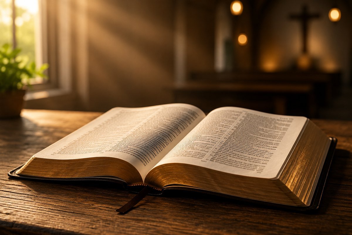 An open Bible resting on a wooden table in warm light